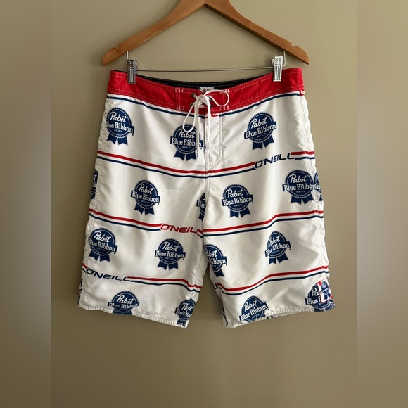 O'Neill White and Blue Pabst Blue Ribbon Logo Board Shorts - Picture 4 of 17